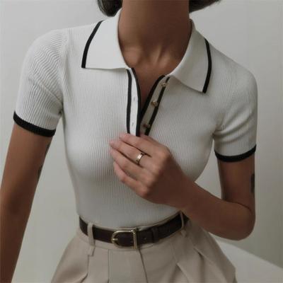 Women Short Tops Patchwork Color Short-Sleeve Lapel Tops with Buttoned Neckline Regular Fit Knitting Tops