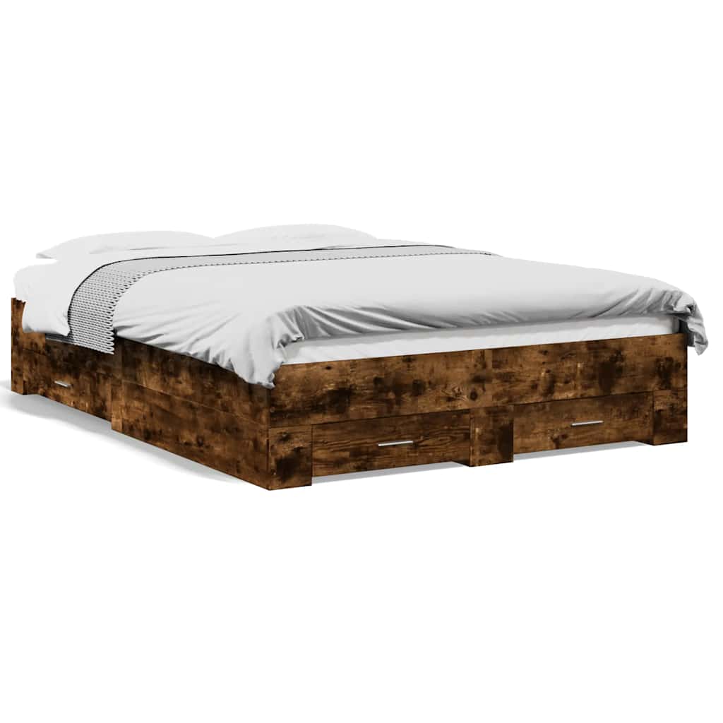 Bed Frame with Drawers Smoked Oak 135 X 190 Cm Wood Based Material