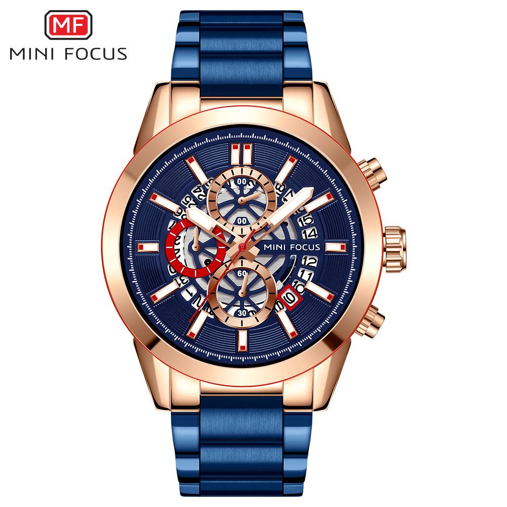MINI FOCUS Brand Watch Multi-functional Calendar Waterproof Stainless Steel Strap Men Quartz Watches