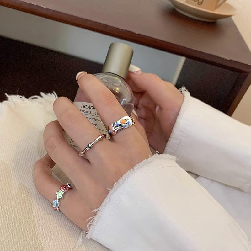 Style Contemporary Ins Adjustable Ring For Women With Colorful Flower And Motif Star