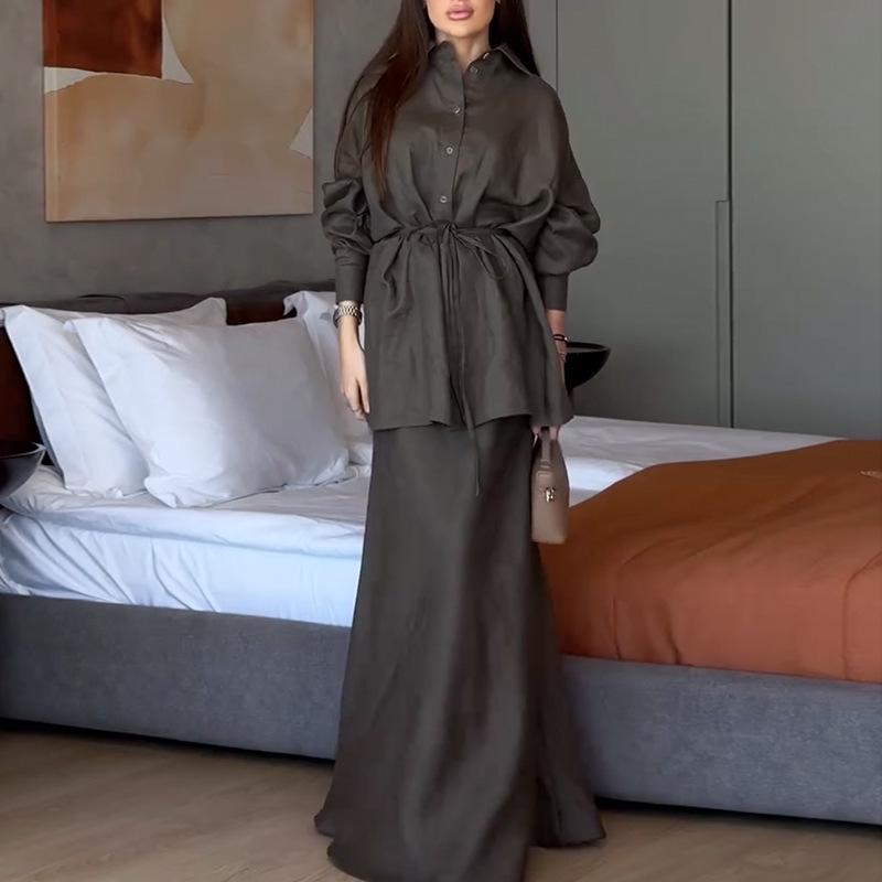 European & American Women's Spring/Summer 2025 Fashion: Loose Turn-down Collar Long-Sleeve Shirt & High-Waist Midi Skirt Set