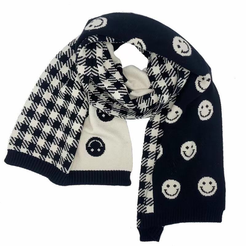 Houndstooth Smiley Face Knitted Scarf for Women Winter Korean Version Versatile Ins Trendy Thickened Warm Student Woolen Scarf for Men