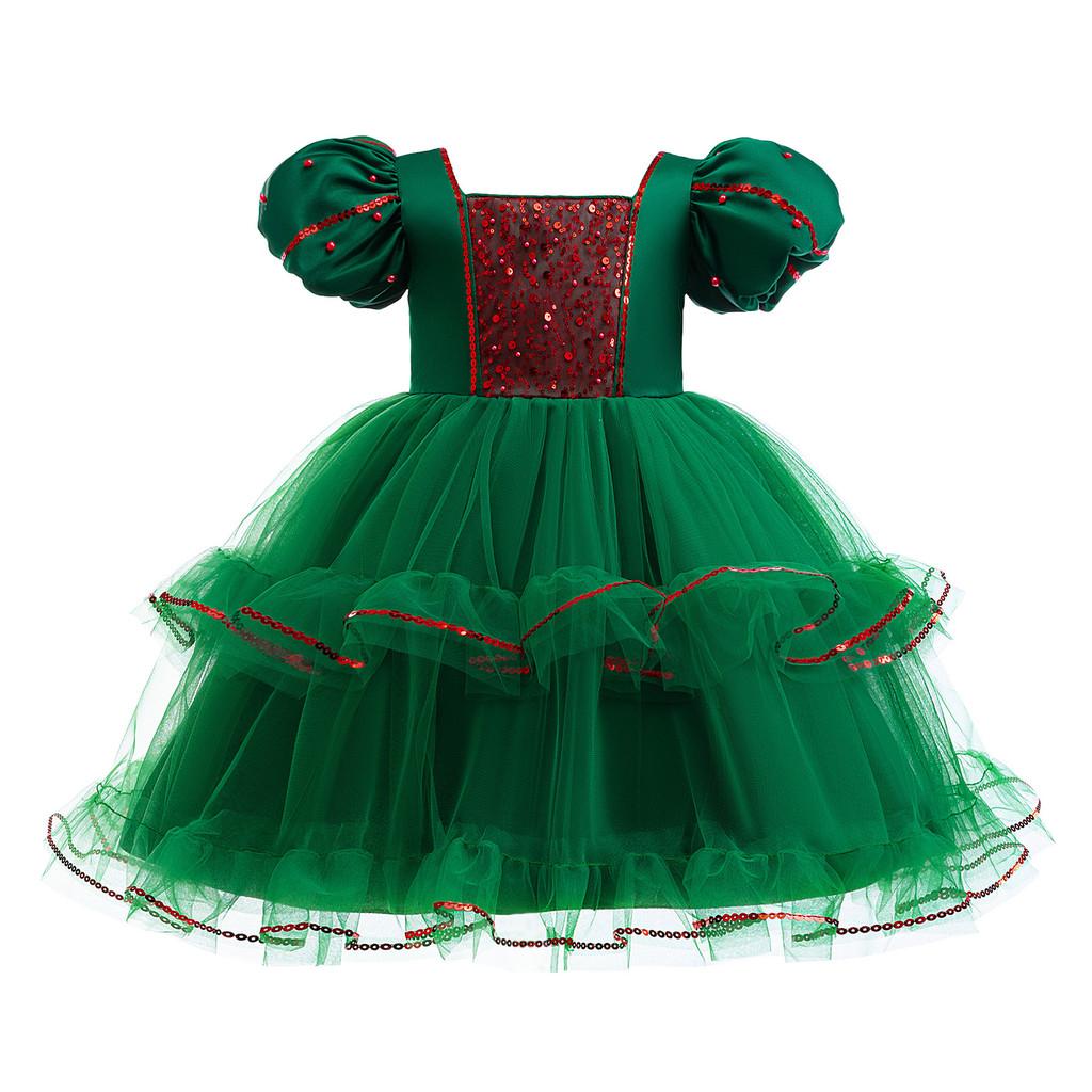 Kids Girls Santa Claus Xmas Elf Princess Sequins Tutu Dress Children Christmas New Year Cosplay Costumes Kindergarten Performance Role Play Outfit