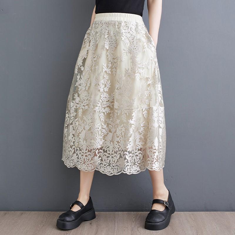 

Кружева больших размеров с высокой талией, винтажная весенне-летняя повседневная свободная длинная женская юбка с цветочным принтом абрикосовый