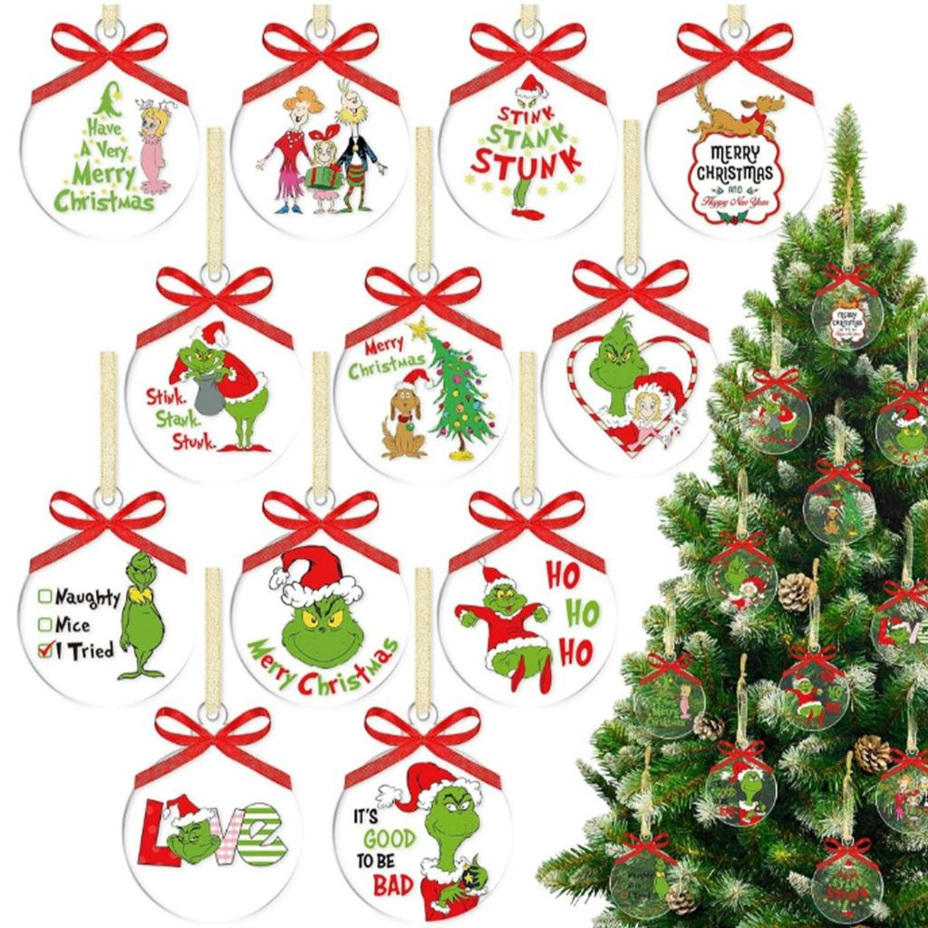 12 Pack Round Clear Acrylic Christmas Ornaments - Green Gnome Decorations For Hanging On Tree And Party Favors 2d