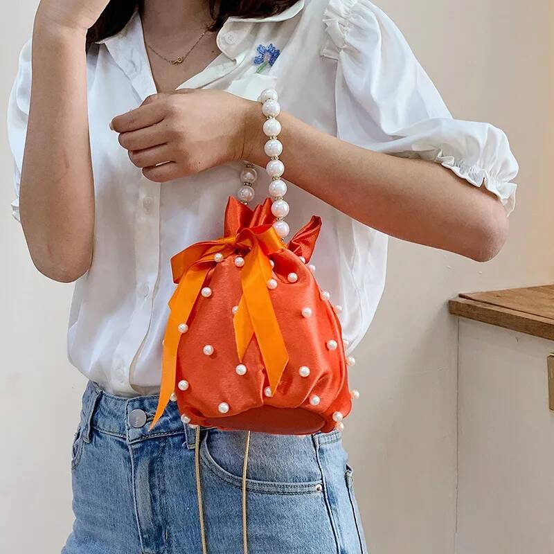 Brand Shoulder Bags For Women High Quality Luxury Ladies Handbag Black Bead Pearl Imitation Silk Female Bucket Cross Body Bag