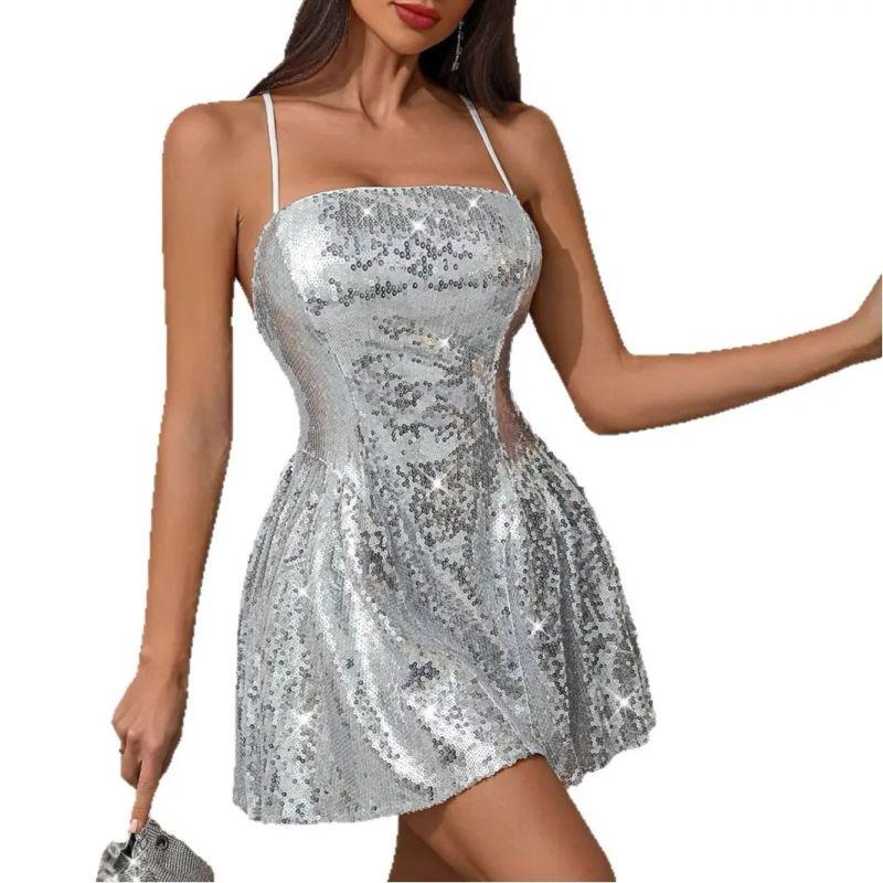 European and American Sexy Women's clothing dress Tube Top Strapless Sling Summer Sequins Formal Dress