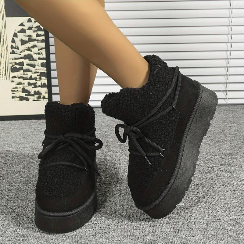 Women's Winter Plush Furry Collar & Cuff Short Boots - Beige Round-Toe Lace-Up Snow Boots with TPR Sole, Warm Cozy Traction Tires for Ice & Snow