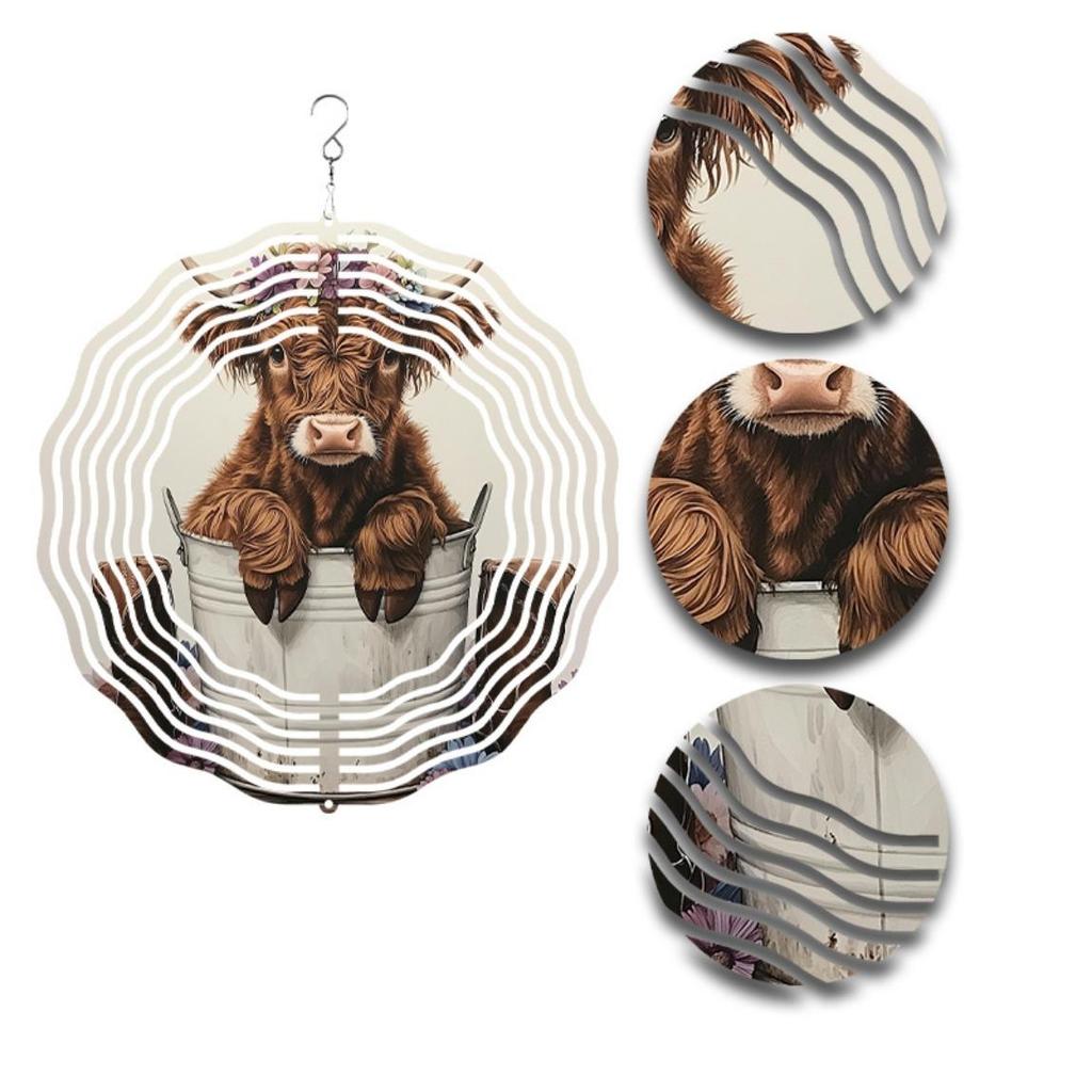 Highland Cow Windmill Garden Decor - 25.4cm (10-inch) Metal 3D Art Hanging Ornament, Floral Print Design