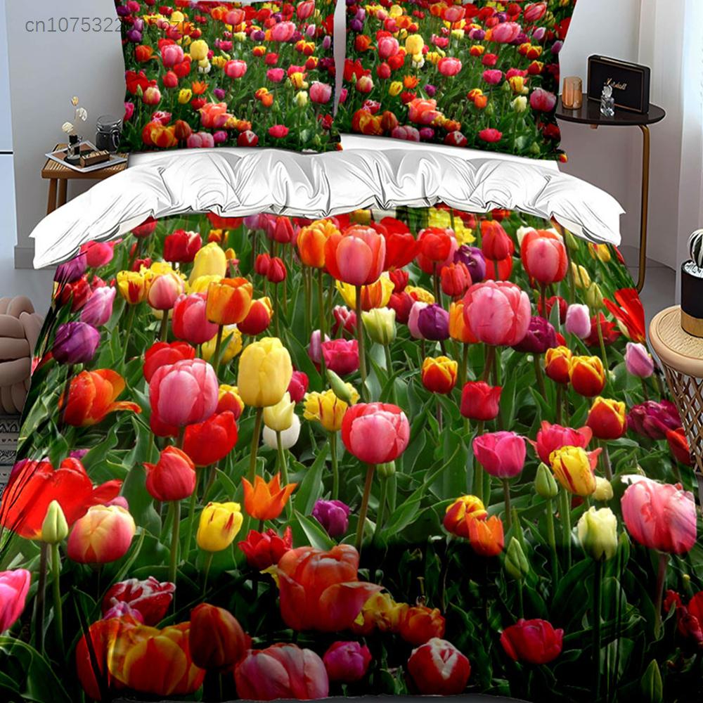 "Colorful Tulip Garden Set" Multiple Sizes Kid's And Adults' Bedroom Exquisite 3PC Bedding Set, Gift