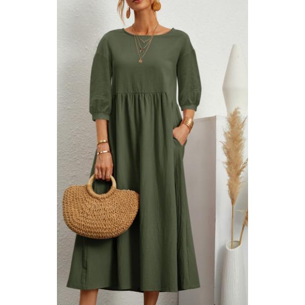 QICED Women's Solid Color Fashion Lantern Sleeve Loose Cotton Linen Pocket Dress