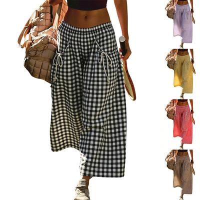 Damen locker geschnittene karierte Hose mit Tunnelzug in der Taille und entspanntem Bein, mit verstellbaren Bändern, lässige Weitbein-Hose für den Alltag