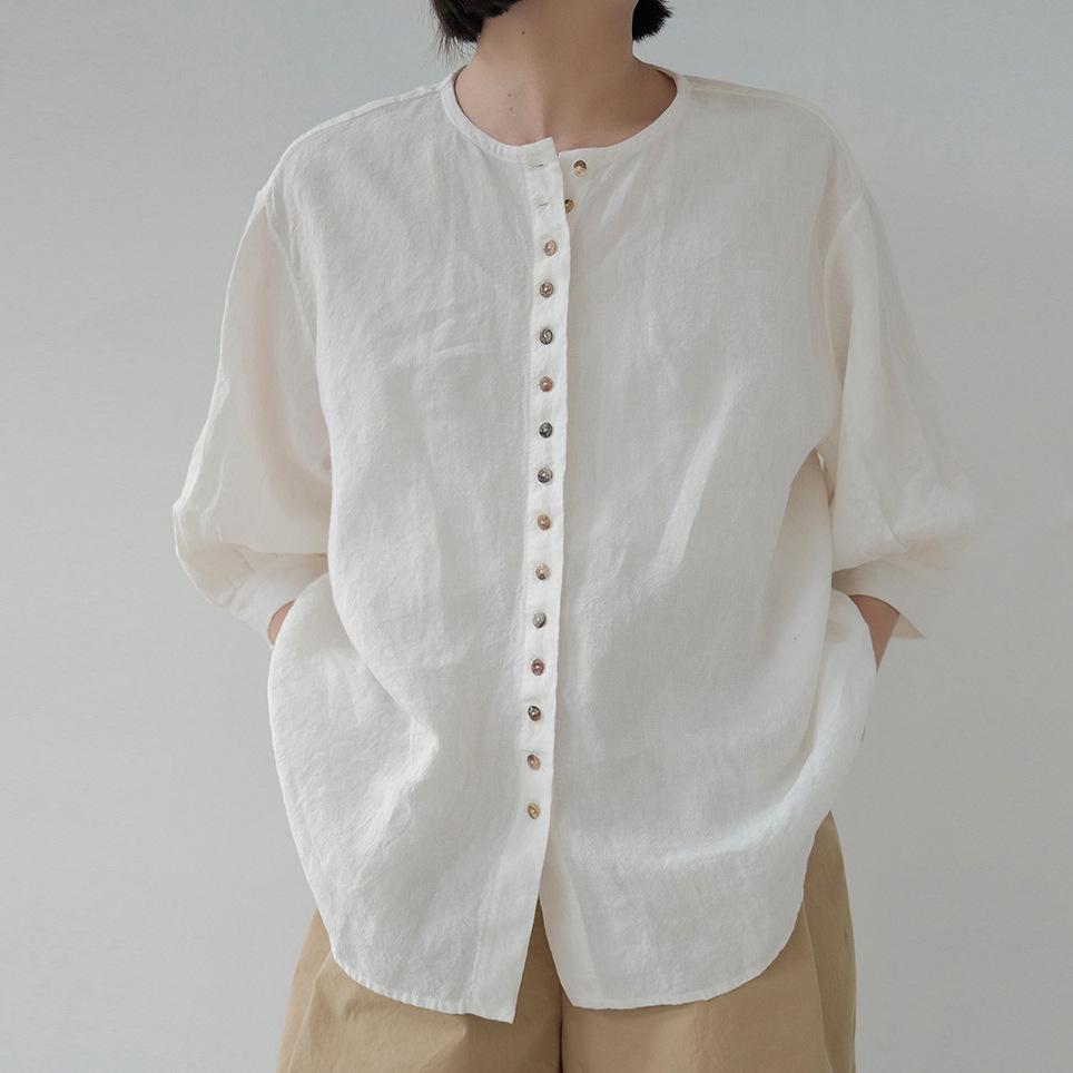 

Commuting Loose Multi-Button 100% Linen 7/8 Sleeve Casual Shirt – Small Round Neck, 2025 Medium белый