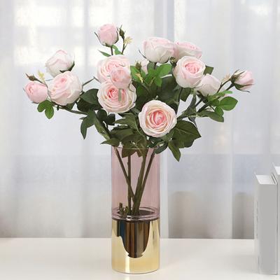 Bouquet de 3 tiges de fleurs artificielles avec 2 têtes en fleur et 1 bouton Rose à toucher réel Branche de fleur pour mariage Maison Bureau Décor de table