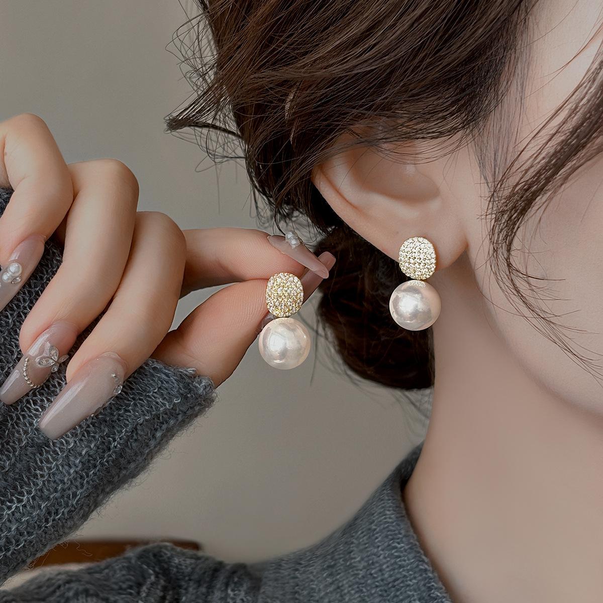 Shijia rhinestone pearl stud earrings women s sterling silver niche design high-end earrings New popular earrings