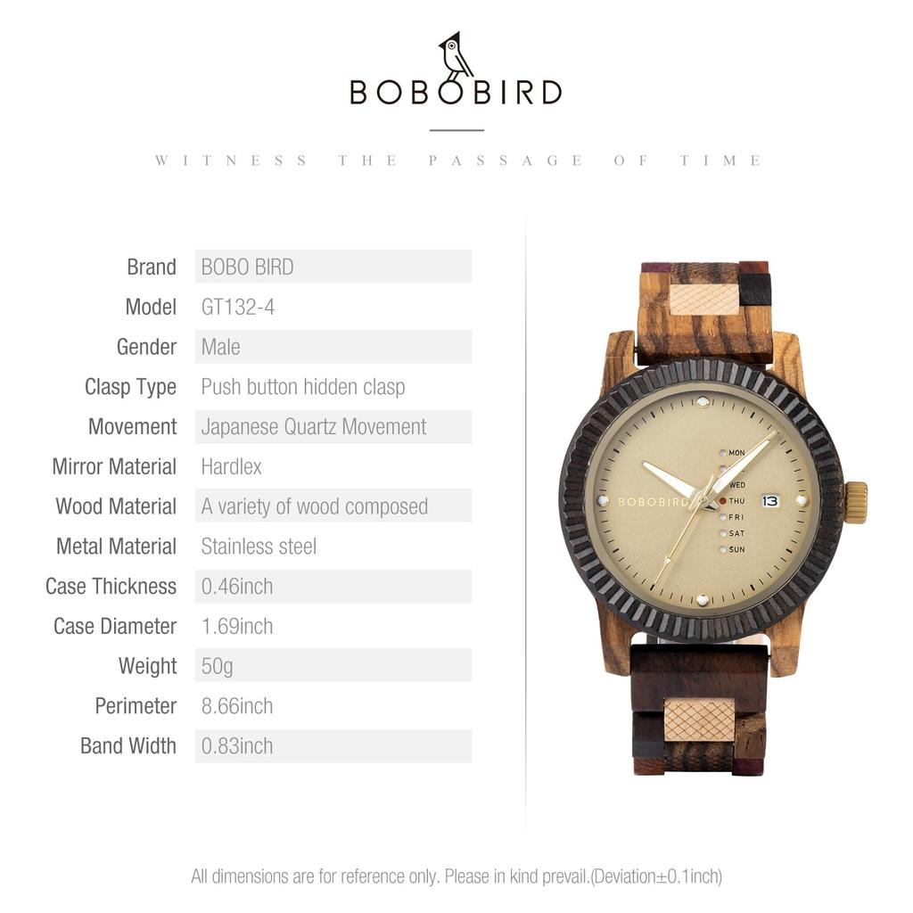 BOBO BIRD Wooden Watch Analog Quartz Day Calendar Display Lightweight Handmade Wooden Wristwatch Men's Men's (Beige)