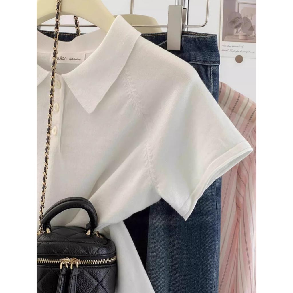 Premium Polo lapel knitted sweater short-sleeved women's summer T-shirt small fashionable temperament bottoming top