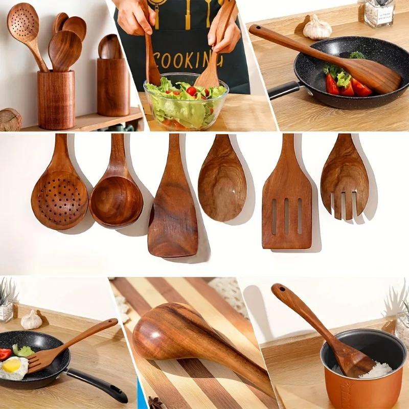 8pcs Heat Resistant Wooden Cooking Utensils - Premium Set for Non-Stick Pans Shovel/Spoon/Fork Included Practical Kitchen Tools