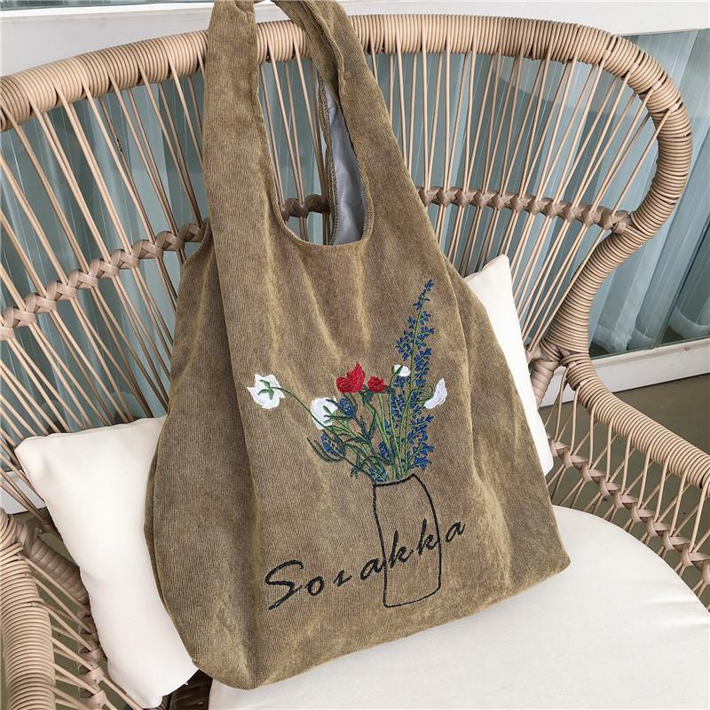 

Elegant Floral Embroidered Tote Bag Soft Polyester Corduroy With Double Straps хаки