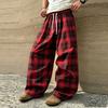 Checkered Elastic-Waist Wide-Leg Casual Pants: Drawstring, Loose-Fit, Drapey, Floor-Length Straight-Leg Pants (Unisex)