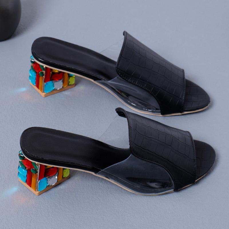 2024 New Crystal Sandals Ladies Open Toe Square Heels Fashion Spring Elegant Women's Summer Footwear Sandalia Feminina Slippers
