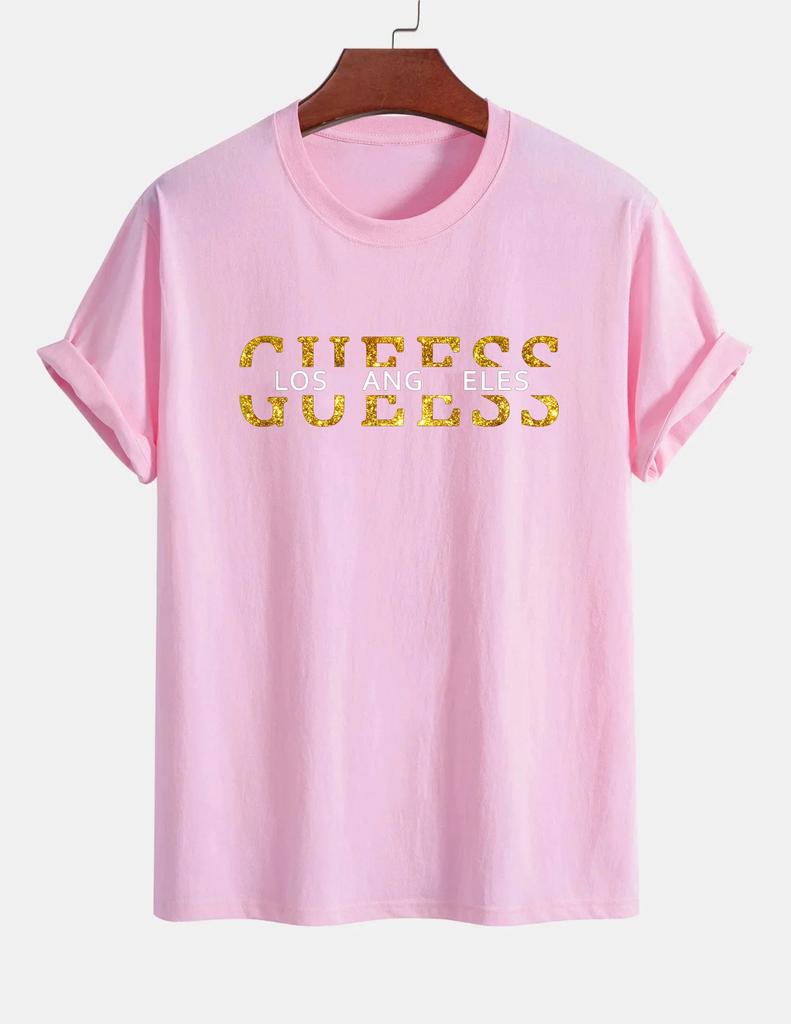 2025 Summer Men's T-shirt 100% Pure Cotton Casual Loose Fashion GUESS Los Angeles Letter Harajuku Print Short-sleeved T-shirt To