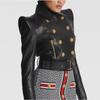 In Stock: Spring 2025 Celebrity Fashion Padded Shoulder Double-Breasted Short Motorcycle Leather Jacket