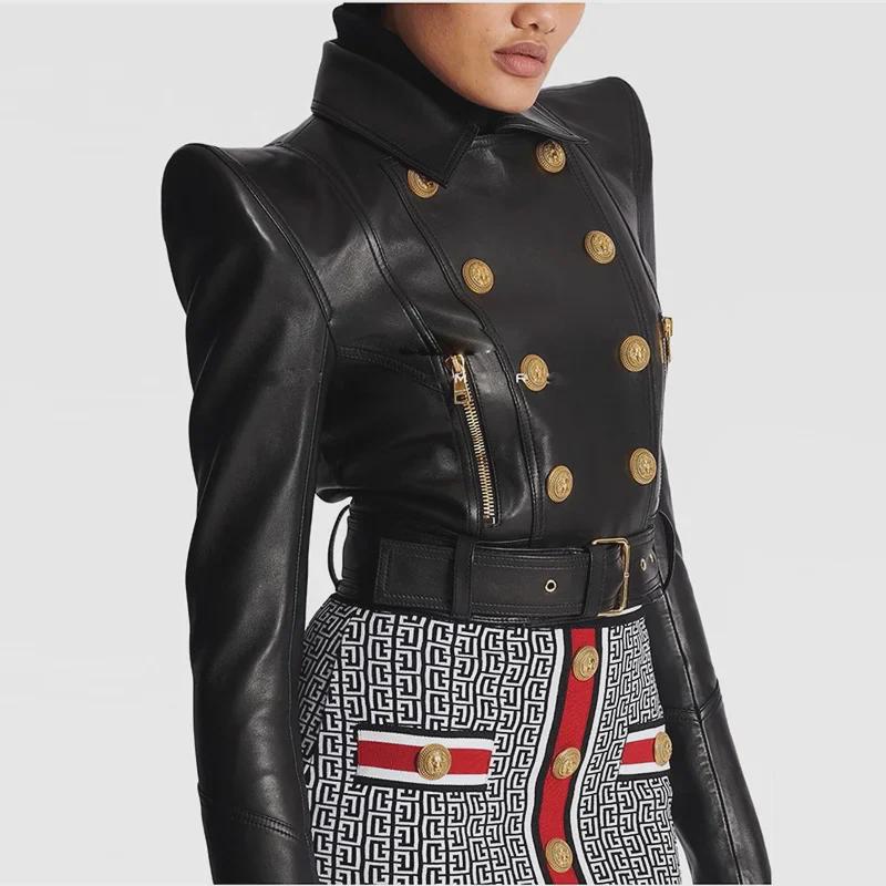 In Stock: Spring 2025 Celebrity Fashion Padded Shoulder Double-Breasted Short Motorcycle Leather Jacket