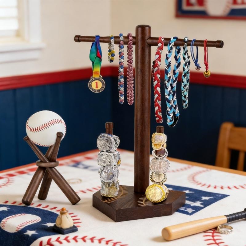 Wood Baseball Accessories Jewelry Organizers for Rings Necklaces and Ball Stand Elegant Necklace Holder