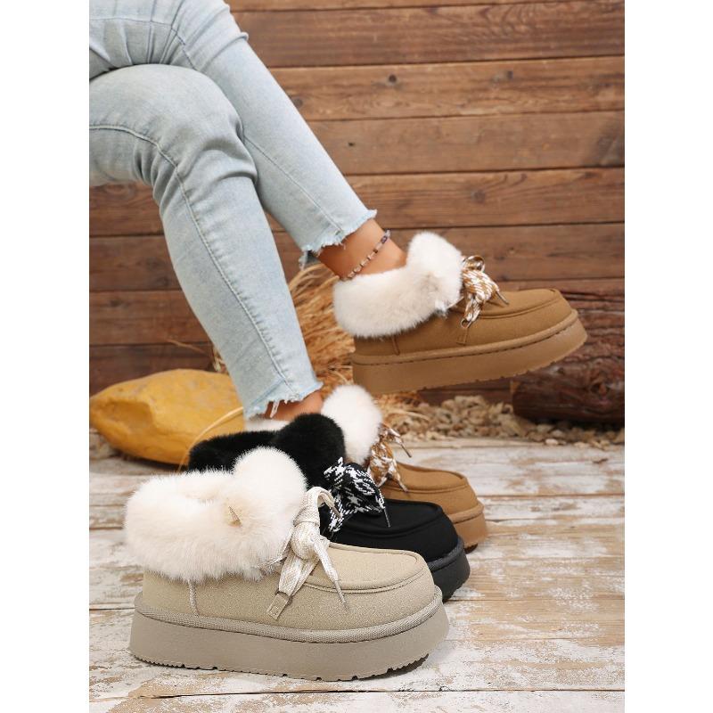Winter New Lace-up Thick-soled Wool Wool Cotton Shoes 2025 Plus Size Muffin Fleece Warm Snow Boots for Women