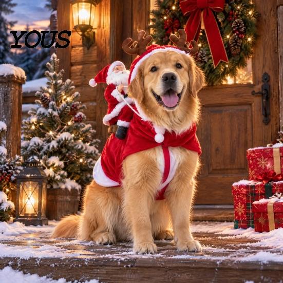 Warm Acrylic Dog Apparel Santa Riding Costume, Christmas Rider Pet Outfit, Hooded Funny Snowflake Pattern Outfits Holiday Cosplay Costume for