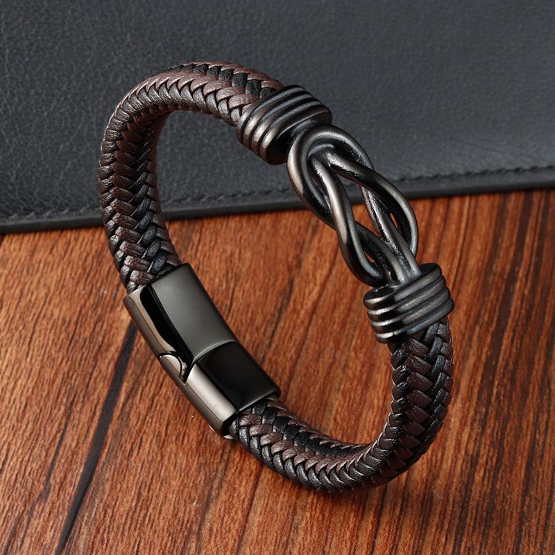 Fashion Handmade Men's Leather Bracelet Trendy Classic Charm Braided Wrap Stainless Steel Bracelets Punk Bangles