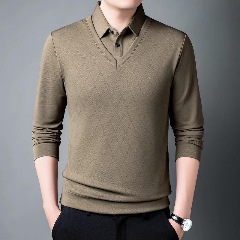 

Browon Brand Autumn New T-Shirts Mans Turn Down Collar Plaid Print Long Sleeve Casual Midlife T-Shirts Golf Male Clothes 2025 XXXL 80-90 KG кофейный