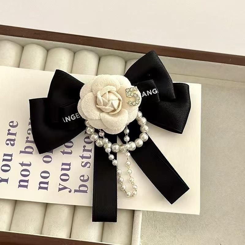 Fabric Camellia Flower Brooch Black Bowknot Necktie Camellia Flower Bow Tie Versatile Shirt Collar Pins Wedding Party For Women