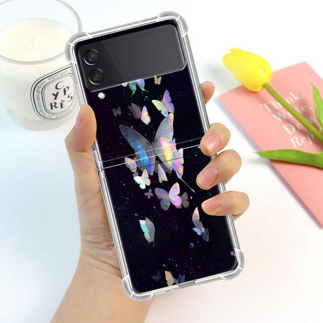 Husă de lux Butterfly Flower pentru Samsung Galaxy Z Flip 3 4 5g Funda Z Flip3 Clear Pc Hard rezistentă la șocuri Coque Shell