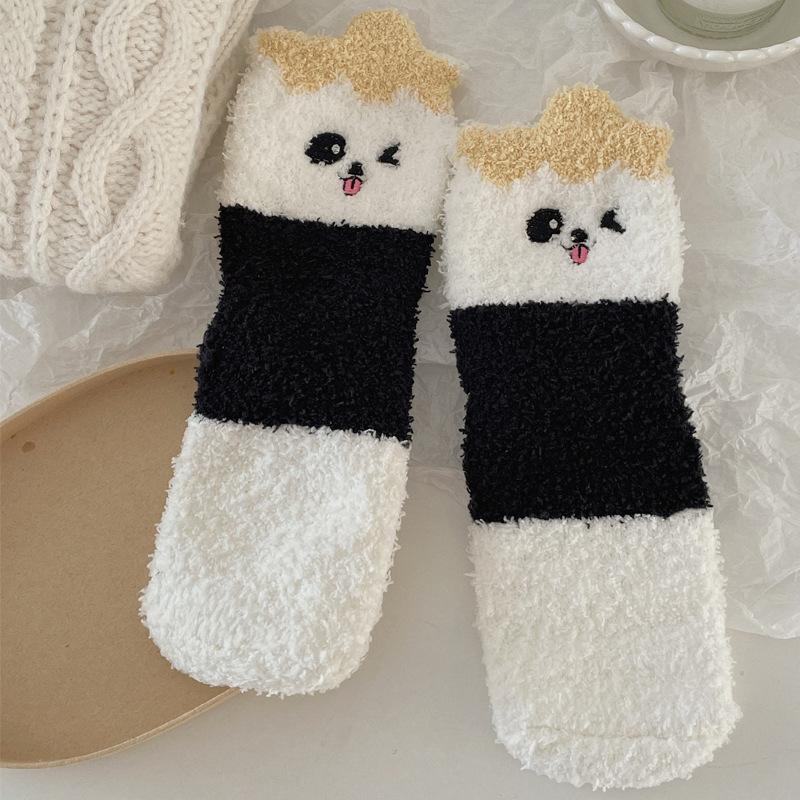 Autumn and Winter Coral Fleece Socks for Women's Home, Cute and Fluffy Panda Thickened Warm Sleep Socks, Floor Socks, Mid-calf Socks