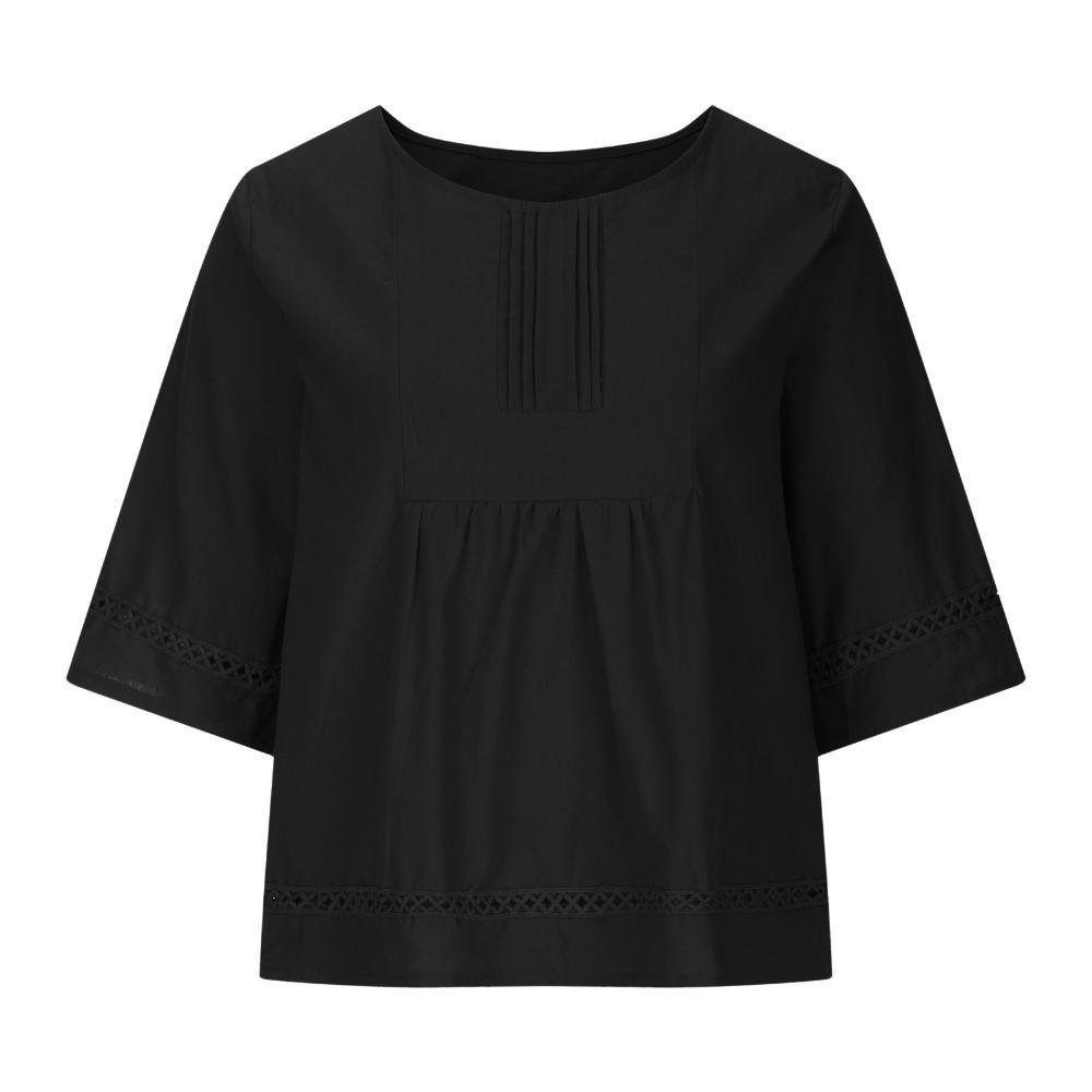Women's Retro Casual Petticoat Summer Solid Color Cotton Linen Top Half Sleeve Round Neck Splicing Shirt Hollow Top