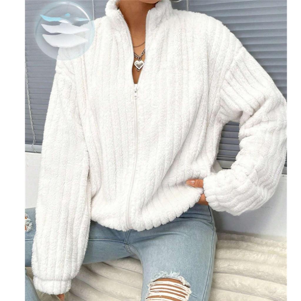 Women's Fashion Casual Solid-Color Ribbed Fleece Cardigan With Zipper Stand Collar Short Jacket