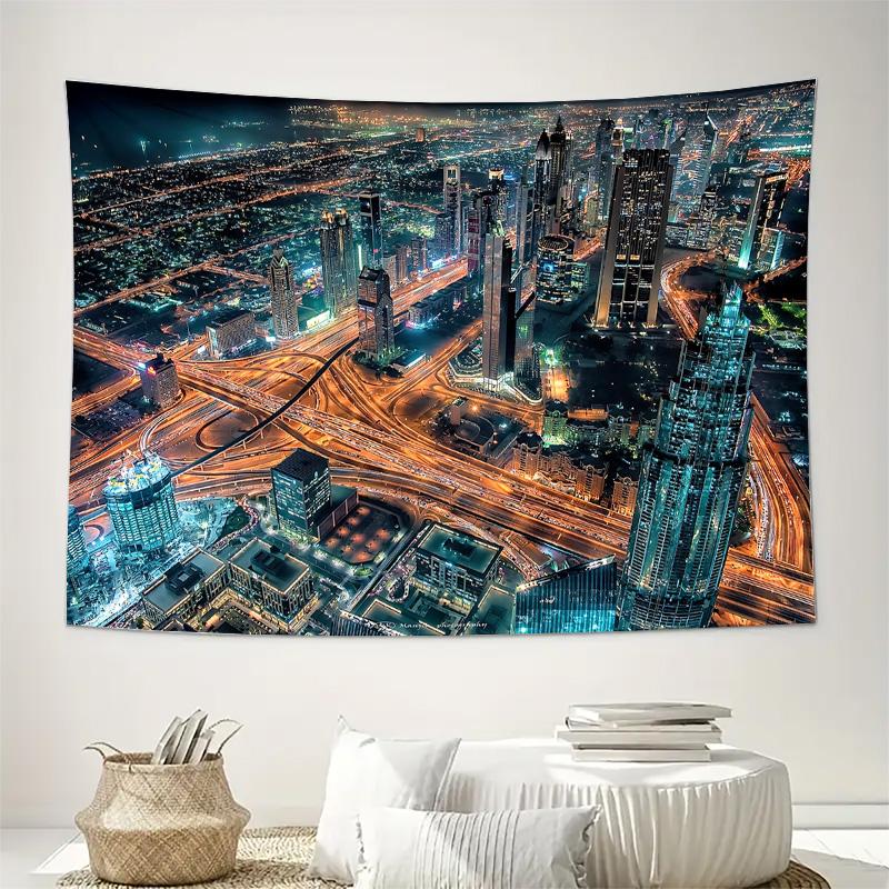 City Night Skyline Urban Landscape Wall Tapestry Machine Washable All Season Decor  Print Modern Design Home Simple Installation