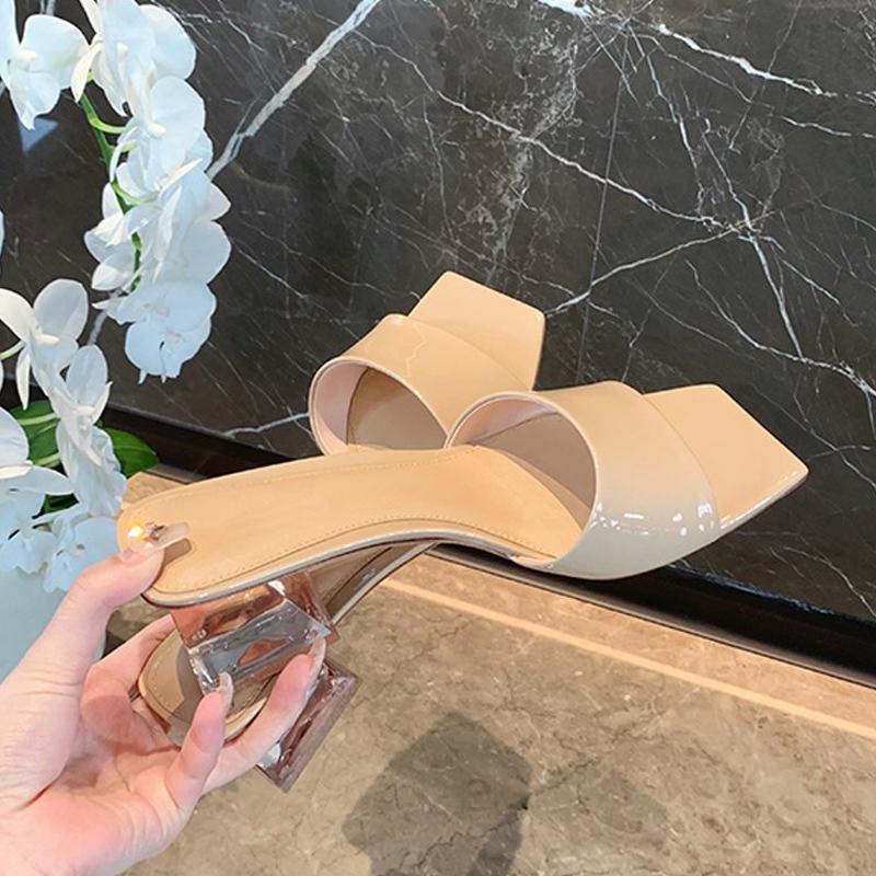 Mode Elegant Nude Pink PVC Transparent Pantoletten Frau Kristallabsatz Slides Damen Eckige Zehenpartie Silber Strass Hausschuhe