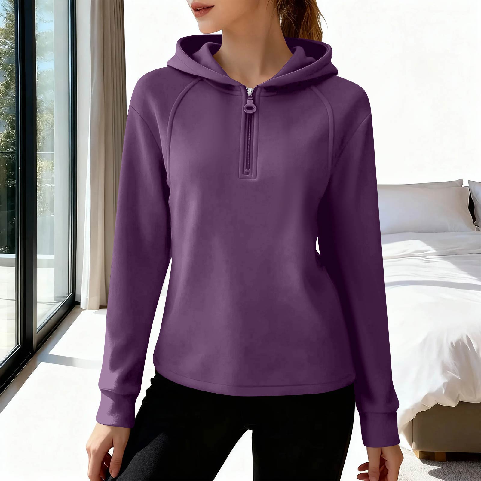 

Women s Casual Fashion German Velvet Warm Solid Color Half Zip Stand Collar Long Sleeve Top M фиолетовый