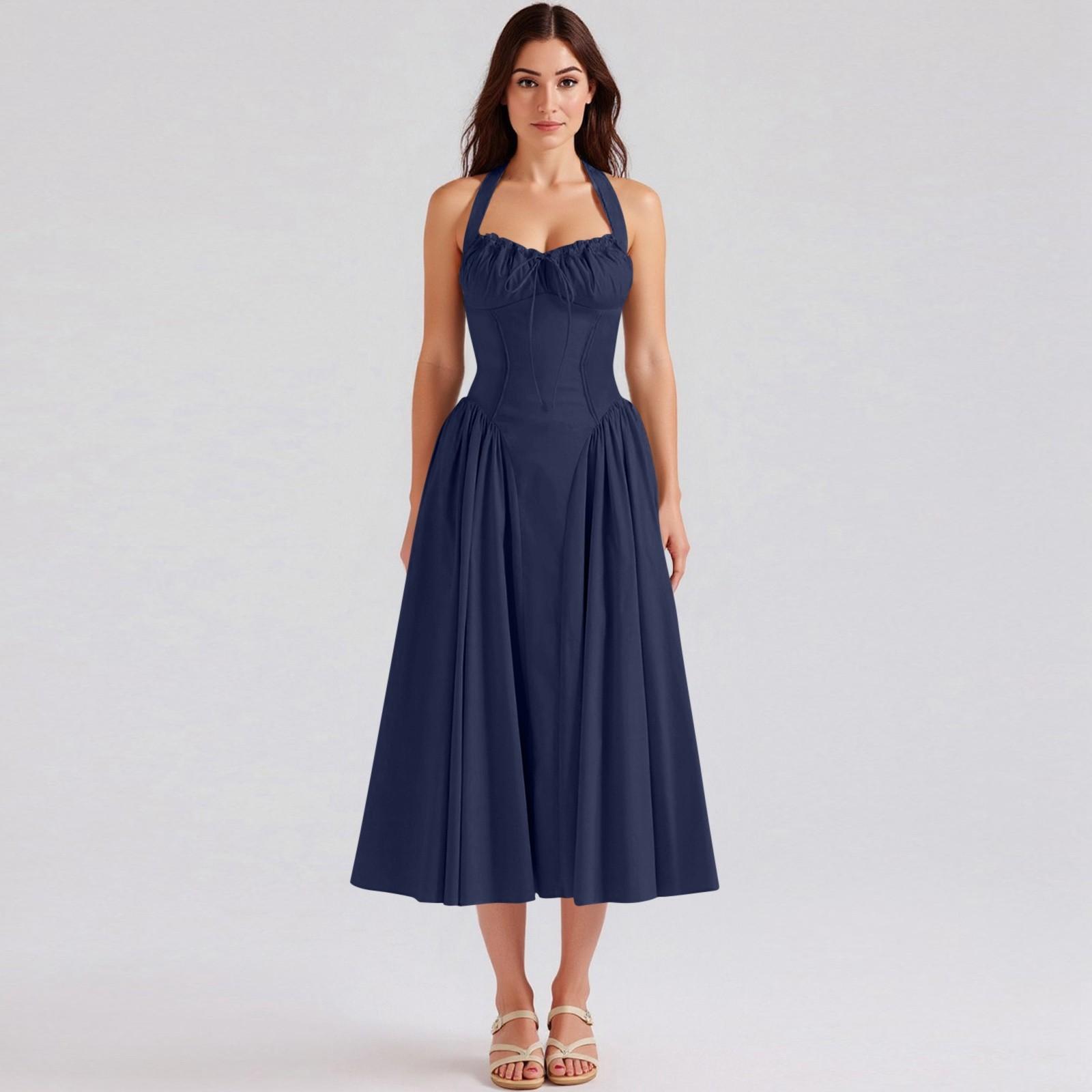 

Женское модное летнее бохо-однотонное платье без рукавов с застежкой-молнией и кружевом S тёмно-синий