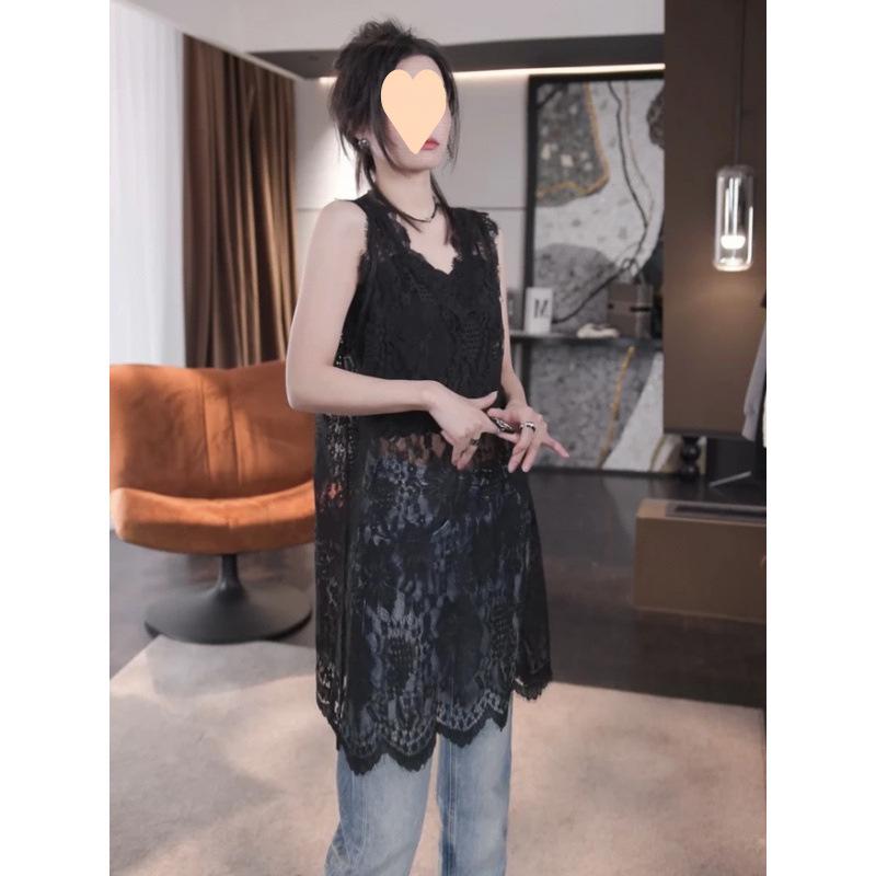 2025 Spring Versatile Midi Lace Vest, High-Waisted, Solid Color Style