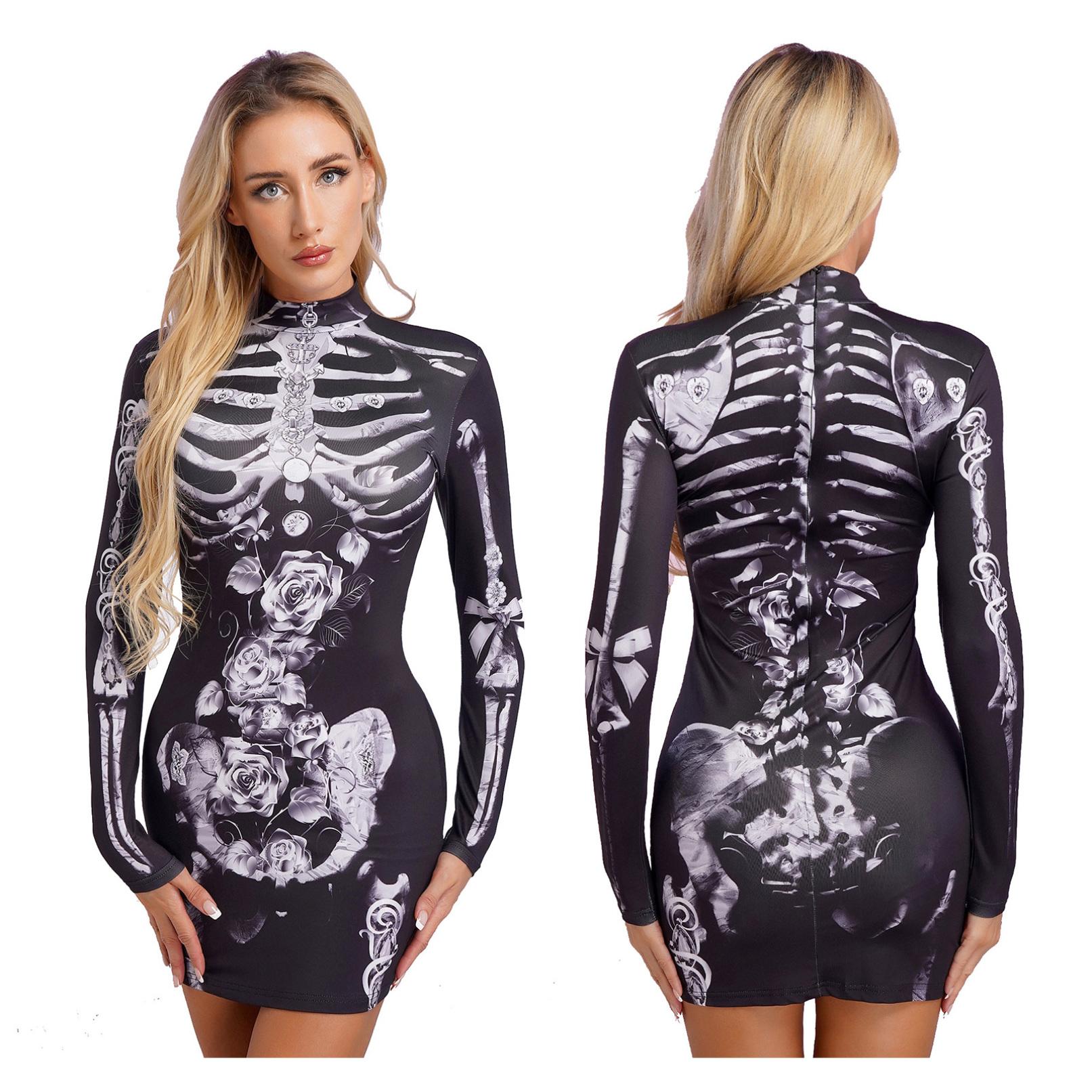 

Жіночий костюм для вечірки на Хеллоуїн, сукня з принтом скелета, довгий рукав, косплей-сукня XL чорний/сірий