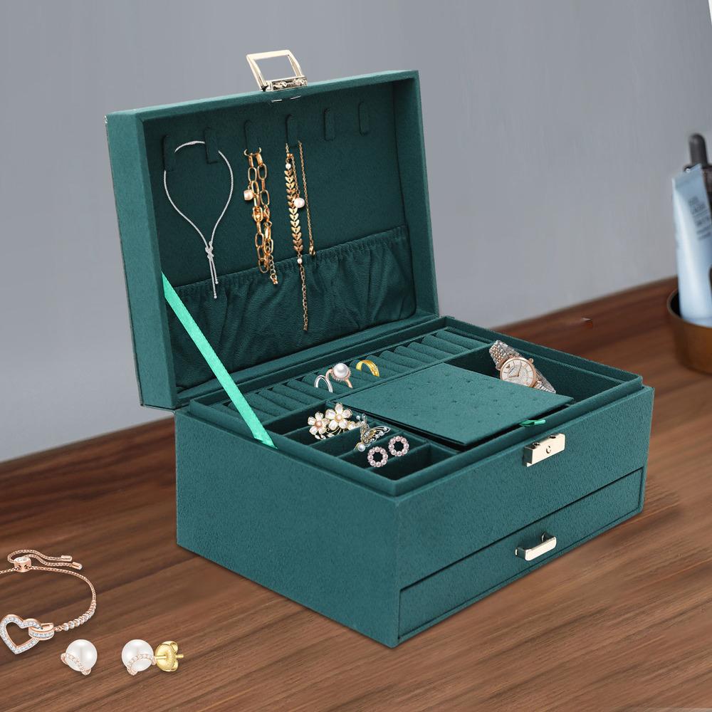 Bymaocar Dark Green 3 Layers Jewelry Box Organizer Large Capacity Women / Girls Earring Necklace Storage Birthday/holiday Gift
