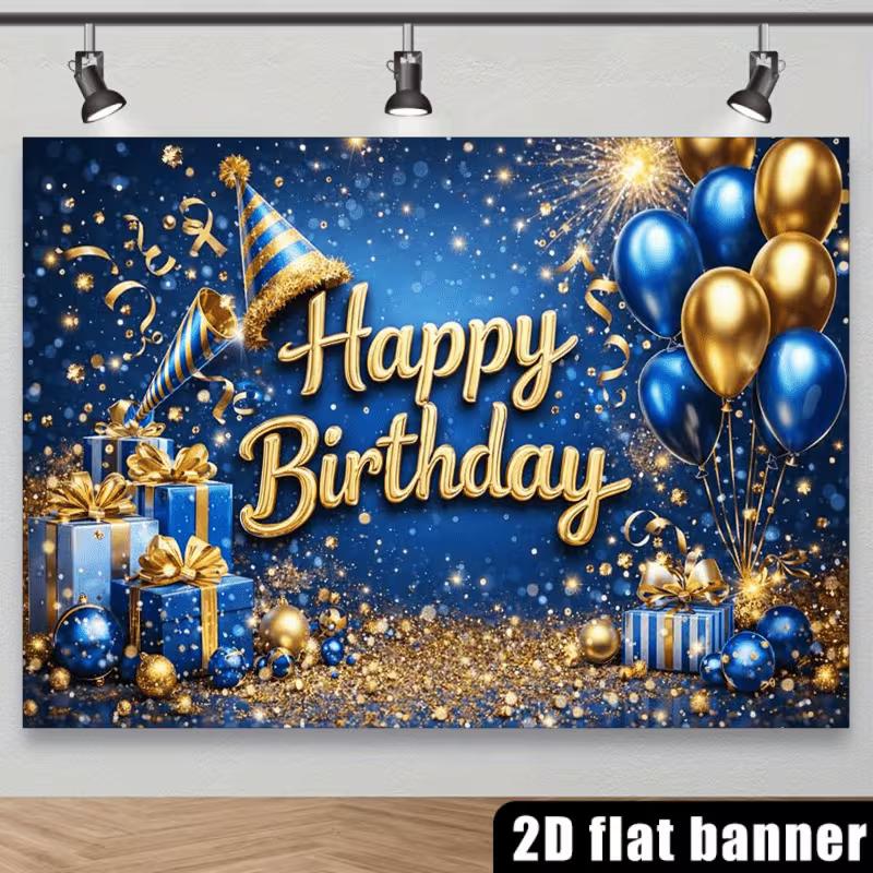 2D Blue Gold Themed Happy Birthday Background Banner for Party Decoration & Photo Booth