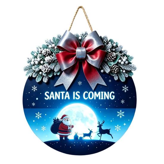 Decorative Pine Cone Sign Christmas Wooden Welcome for Front Door, Round Hanging Ornament with Solid Wood Plate Artificial Branches & Bow Decor