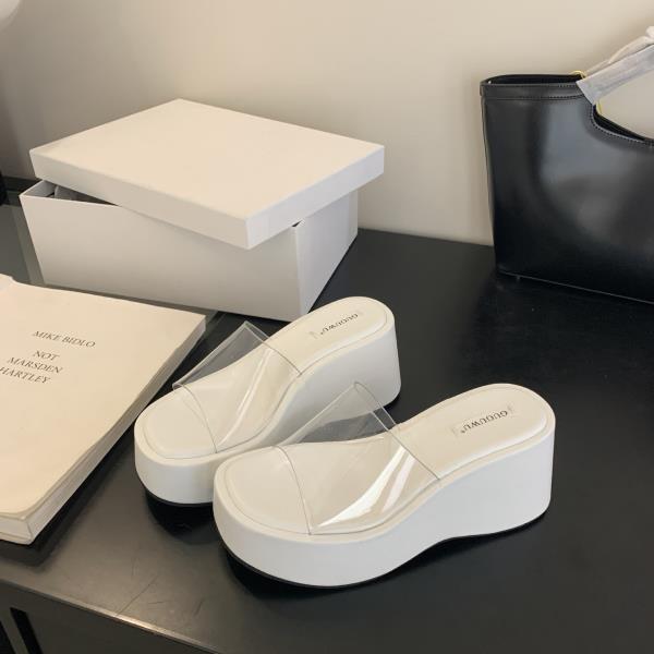 

Модные прозрачные шлепанцы Летняя женская обувь Роскошные шлепанцы Низкие на танкетке Платформа Дизайнерские римские сандалии ПУ Резина Ткань Копыто Каблук 35