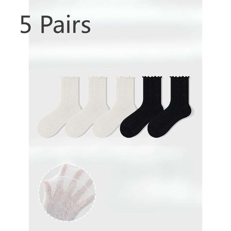 5 Pairs of Women's Summer Thin Style All Kinds of Mesh Hollow Wooden Ear Side Tube Stack Socks