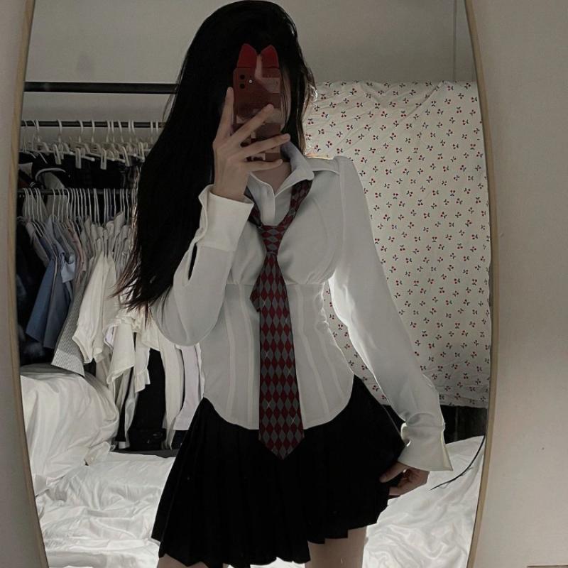 Košile Dámské Jednobarevné Preppy Styl Sladké Jednoduché Blusas Ležérní Základní Uvnitř Štíhlá Žena Hipster Ulzzang JK Všestranné topy Populární vložky